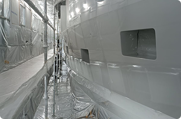 a painted ship in the garage